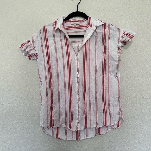 Madewell Central Ruffle Sleeve Shirt Carey Stripe red white button up blouse XS - Picture 1 of 3
